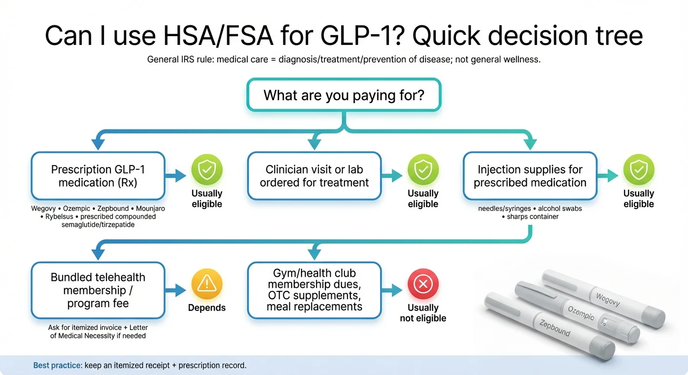 GLP-1 HSA/FSA eligibility decision tree: prescription medication and clinician visits are usually eligible, bundled telehealth fees depend on itemization, gym memberships and OTC supplements are usually not eligible