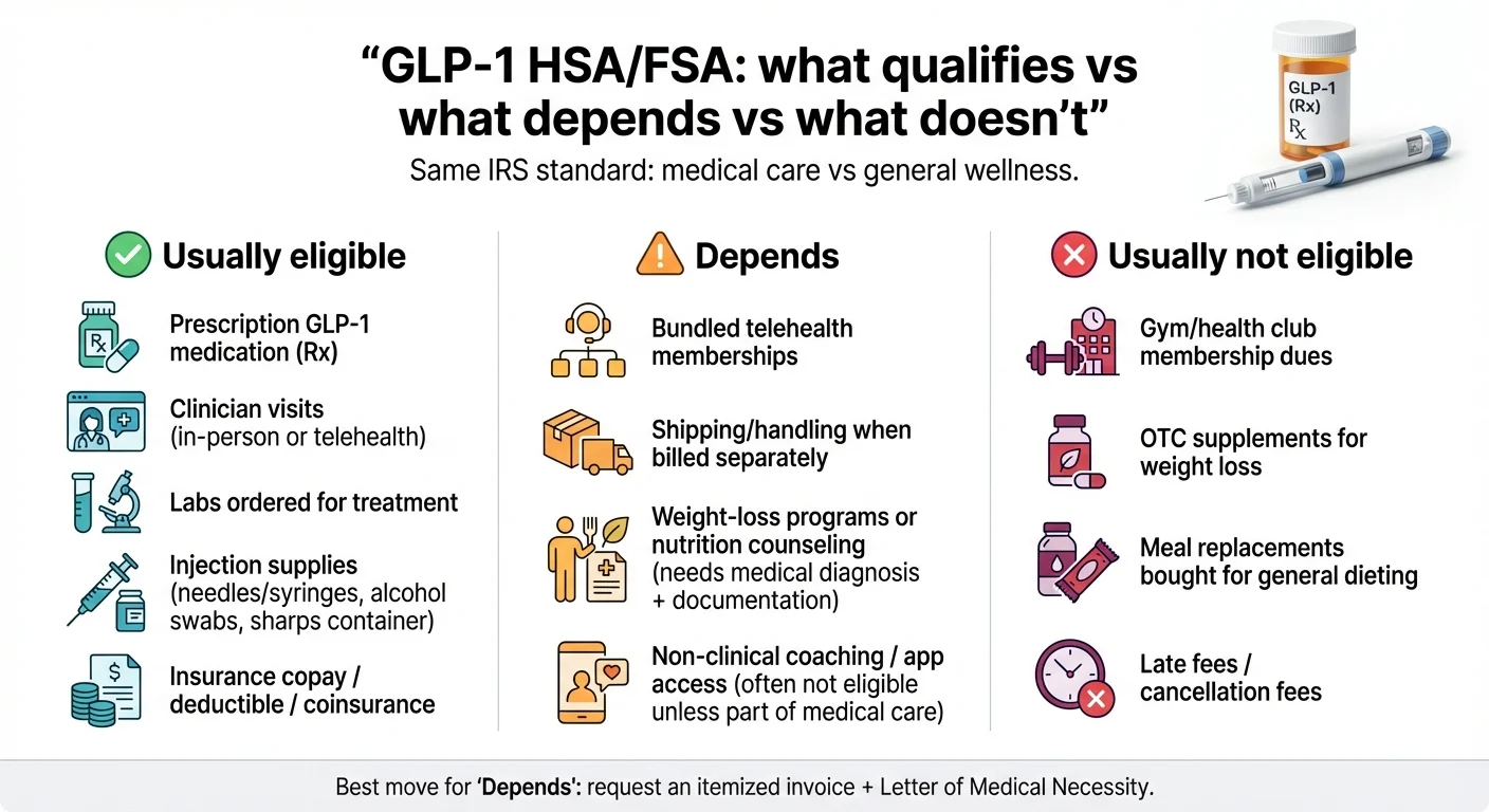 GLP-1 HSA/FSA eligibility chart showing what qualifies, what depends on documentation, and what is usually not eligible for HSA or FSA reimbursement