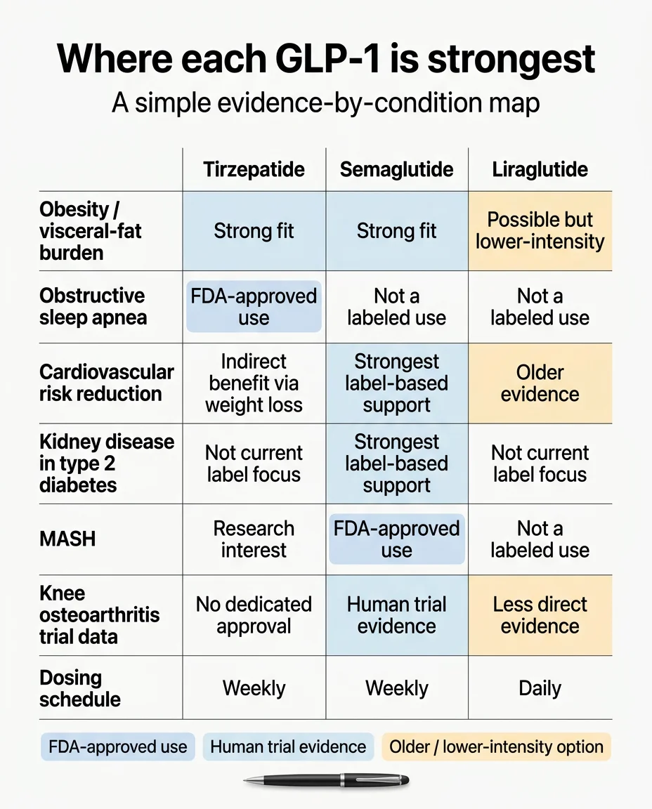 Where each GLP-1 is strongest: evidence-by-condition map comparing tirzepatide, semaglutide, and liraglutide across obesity, sleep apnea, cardiovascular risk, kidney disease, MASH, knee osteoarthritis, and dosing schedule