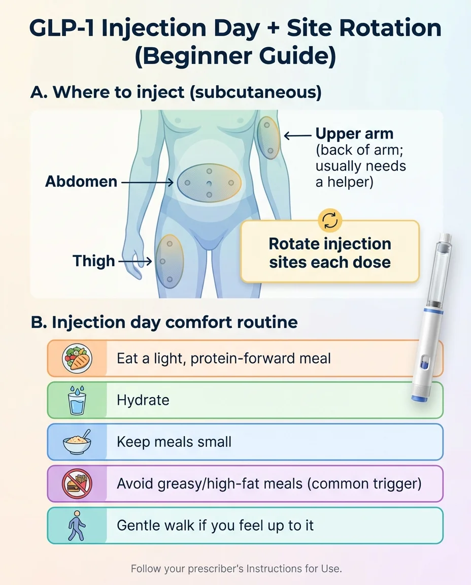 GLP-1 injection day and site rotation beginner guide: where to inject subcutaneously (abdomen, upper arm, thigh) with rotation guidance and injection day comfort routine