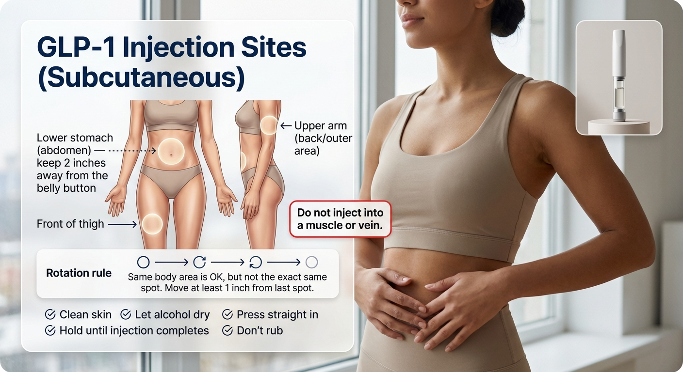 GLP-1 injection sites diagram showing abdomen, thigh, and upper arm subcutaneous injection locations