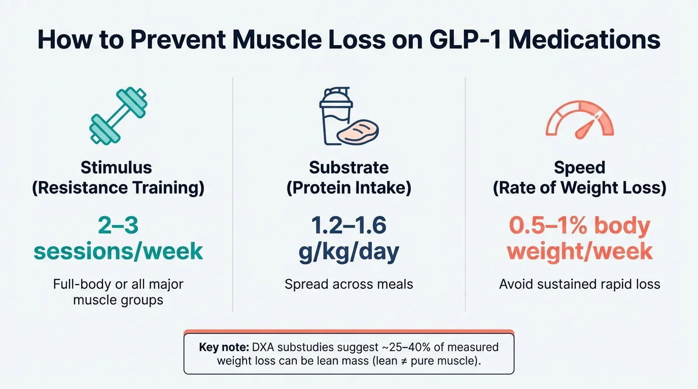 The 3 levers that protect muscle on GLP-1: Resistance training 2-3 sessions per week, Protein intake 1.2-1.6g/kg/day, Weight loss rate 0.5-1% per week