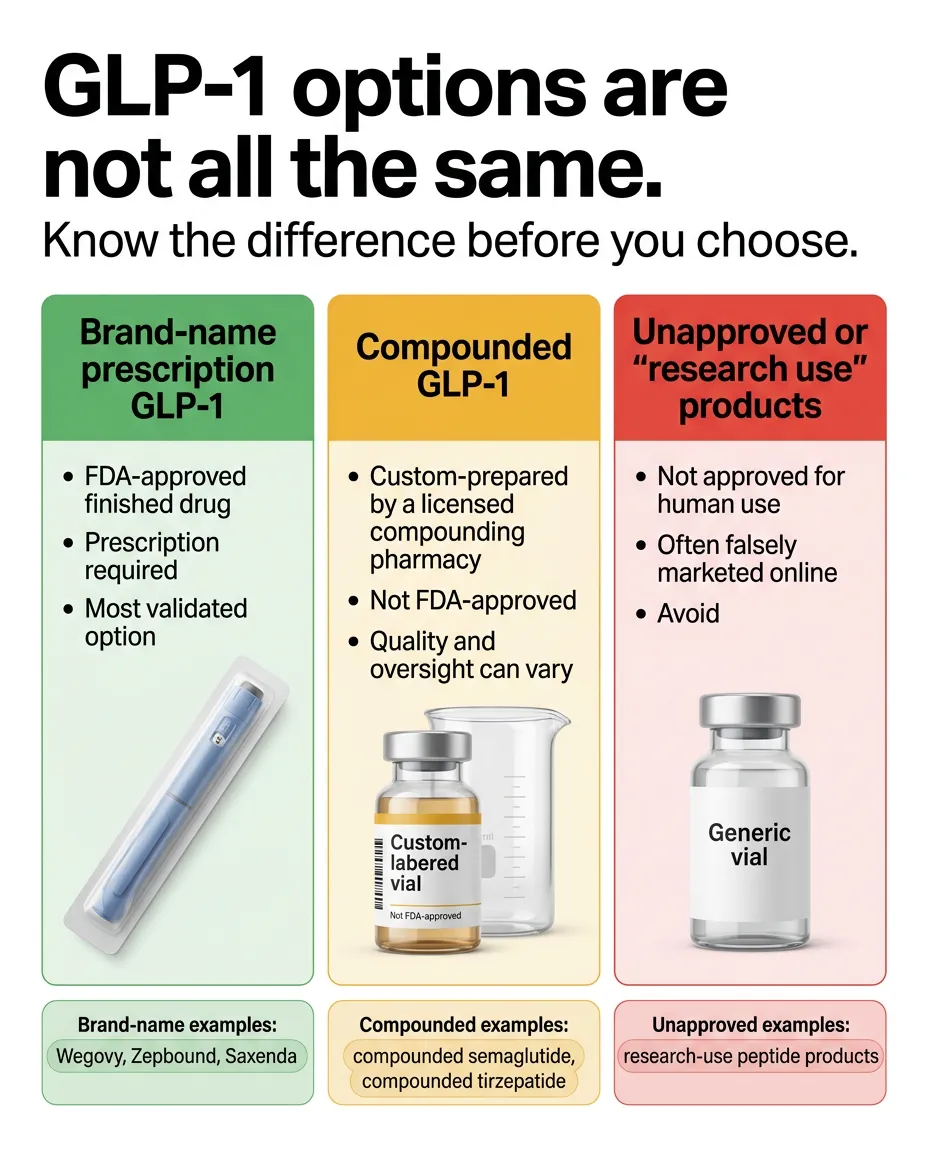 GLP-1 options are not all the same — brand-name prescription GLP-1 (FDA-approved, prescription required, most validated), compounded GLP-1 (custom-prepared by licensed pharmacy, not FDA-approved, quality varies), and unapproved research use products (not approved for human use, often falsely marketed, avoid)