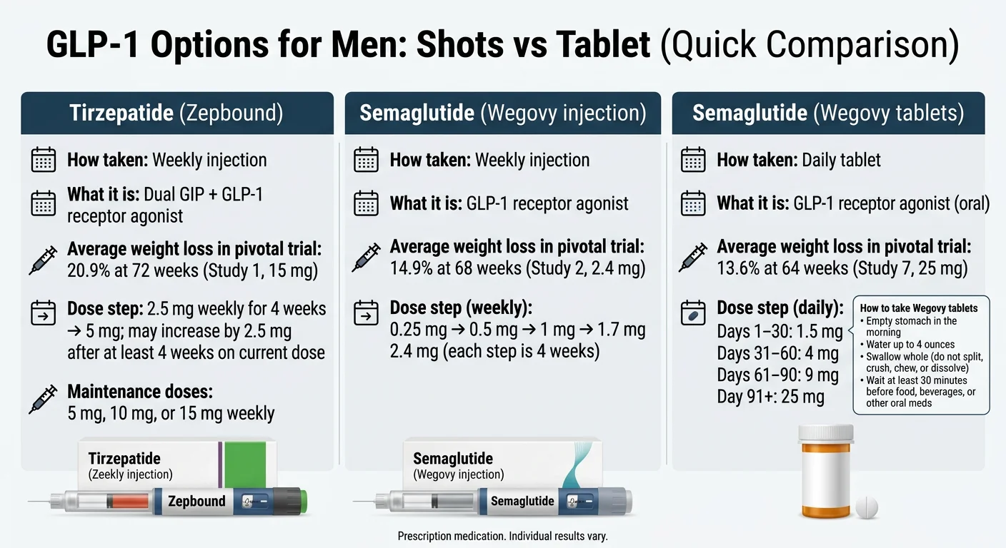GLP-1 options for men comparing tirzepatide (Zepbound) weekly injection at 20.9% weight loss, semaglutide (Wegovy) injection at 14.9%, and semaglutide (Wegovy) daily tablets at 13.6% — with dosing schedules for each