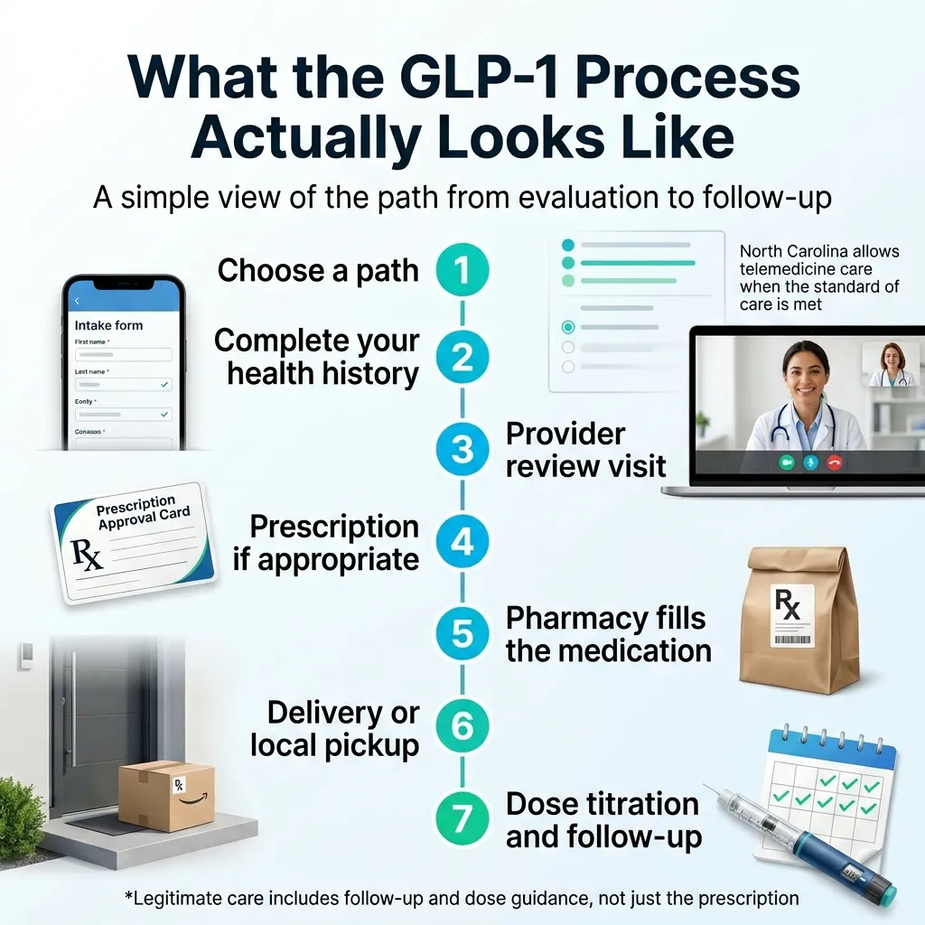 What the GLP-1 process actually looks like — a simple view of the path from evaluation to follow-up. Seven steps: 1 Choose a path, 2 Complete your health history, 3 Provider review visit, 4 Prescription if appropriate, 5 Pharmacy fills the medication, 6 Delivery or local pickup, 7 Dose titration and follow-up. North Carolina allows telemedicine care when the standard of care is met. Legitimate care includes follow-up and dose guidance not just the prescription.