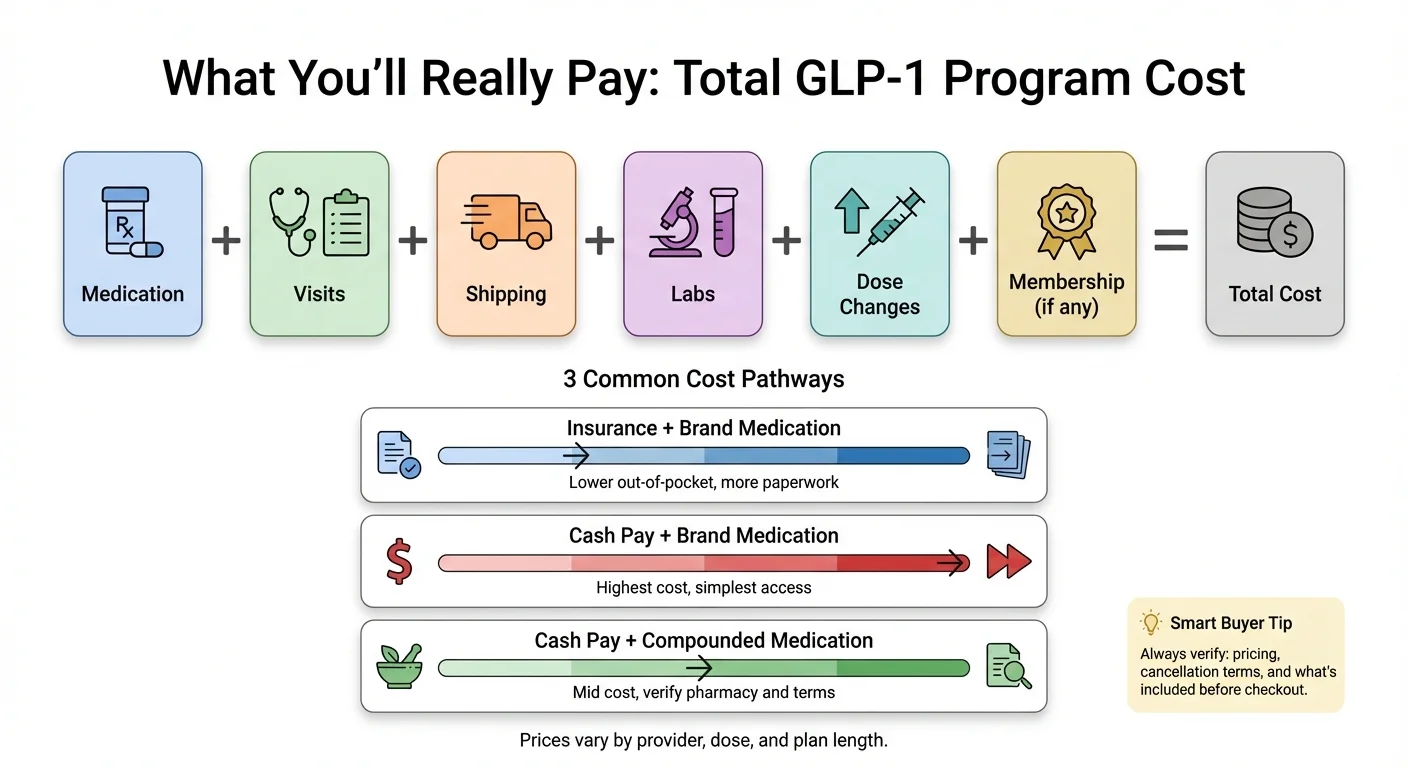 What you'll really pay for GLP-1: Total program cost breakdown showing medication, visits, shipping, labs, dose changes, and membership fees across insurance, cash pay brand, and compounded options