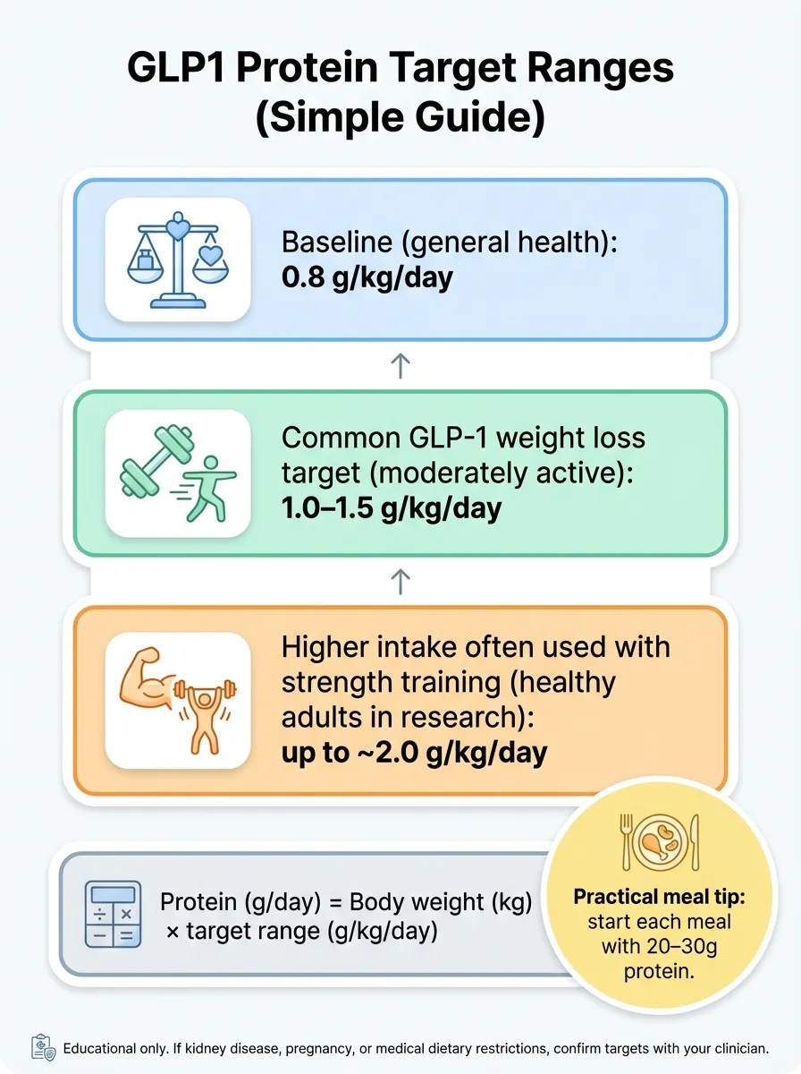 GLP-1 protein target ranges showing baseline 0.8g/kg, weight loss target 1.0-1.5g/kg, and strength training target up to 2.0g/kg