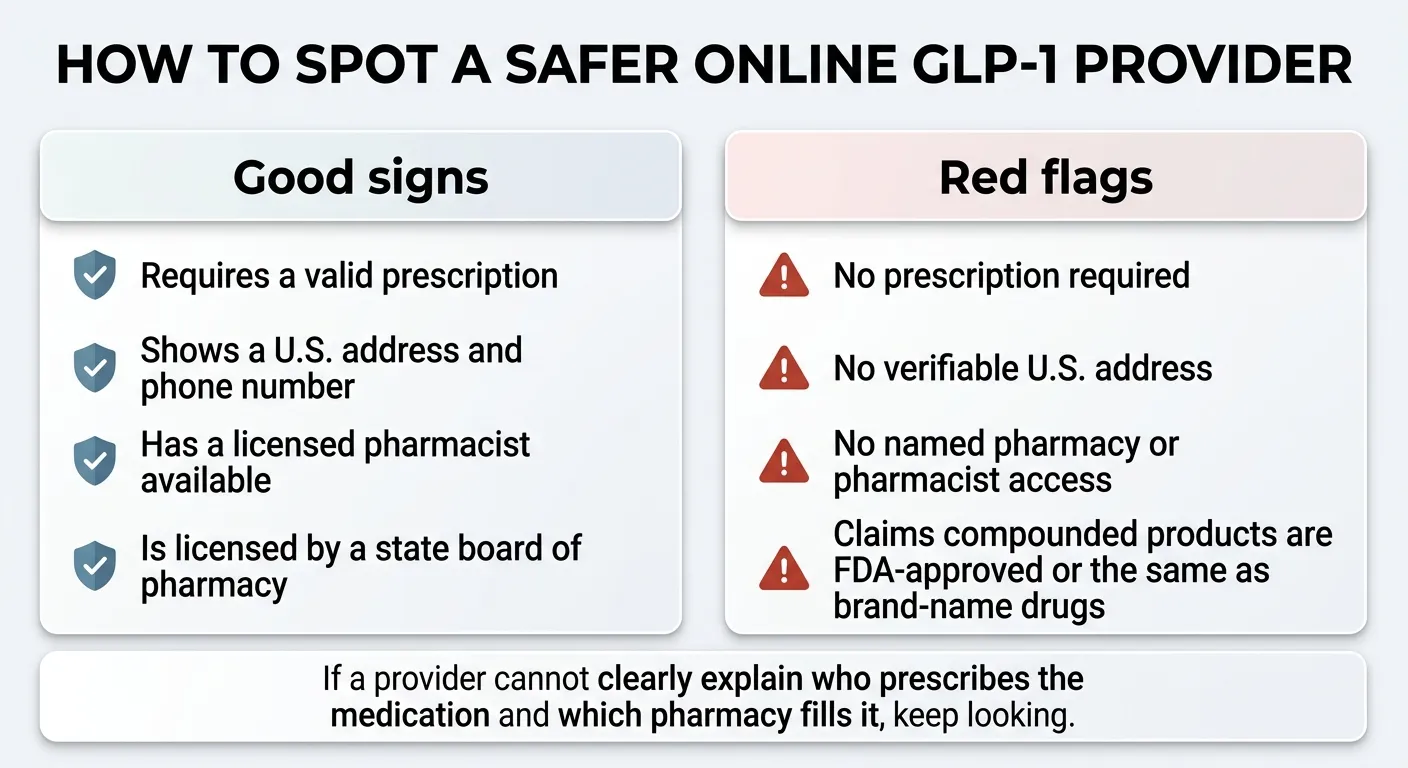 How to spot a safer online GLP-1 provider: Good signs include requiring a valid prescription, showing a U.S. address and phone number, having a licensed pharmacist available, and being licensed by a state board of pharmacy. Red flags include no prescription required, no verifiable U.S. address, no named pharmacy or pharmacist access, and claims that compounded products are FDA-approved or the same as brand-name drugs.