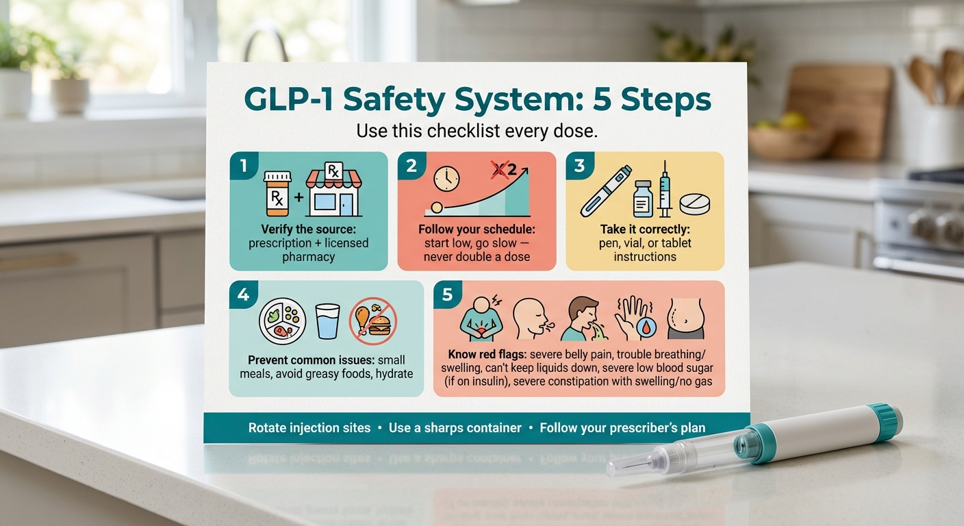 GLP-1 safety checklist infographic showing 5 essential steps for safe medication use