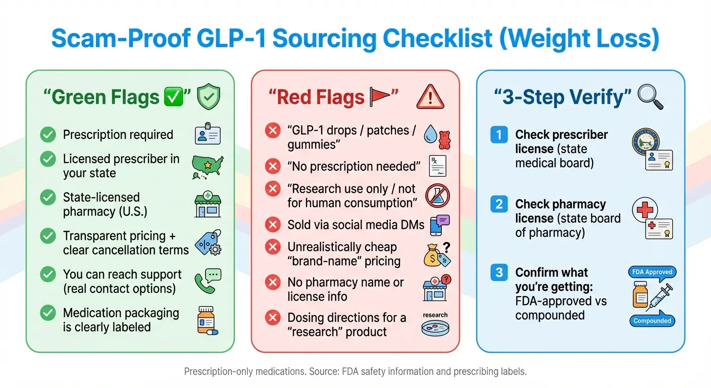 Scam-proof GLP-1 sourcing checklist infographic for weight loss showing green flags, red flags, and verification steps