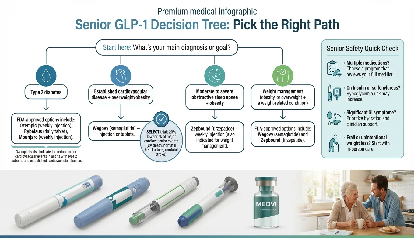 GLP-1 decision tree infographic for seniors showing which medication and program path to choose