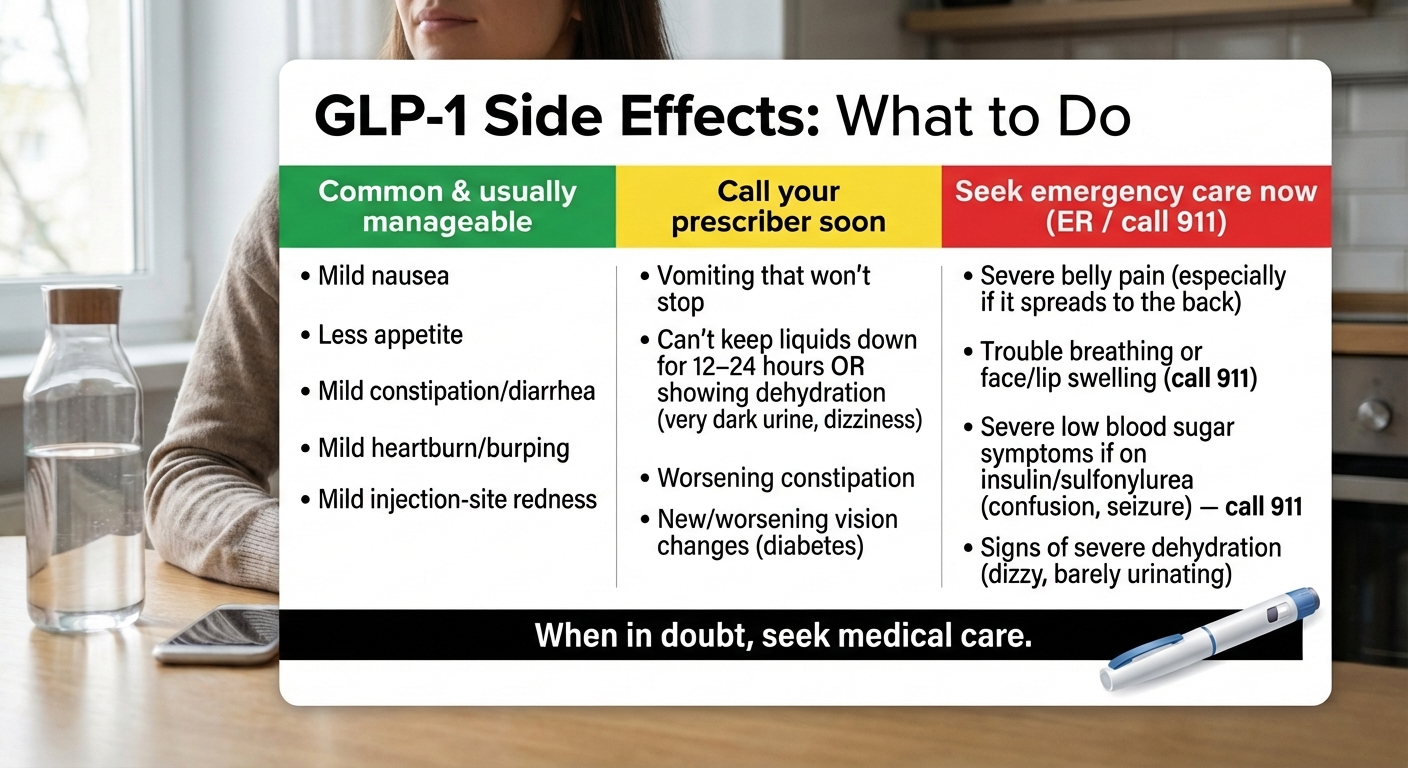 GLP-1 side effects triage chart showing green (normal), yellow (call provider), and red (emergency) categories