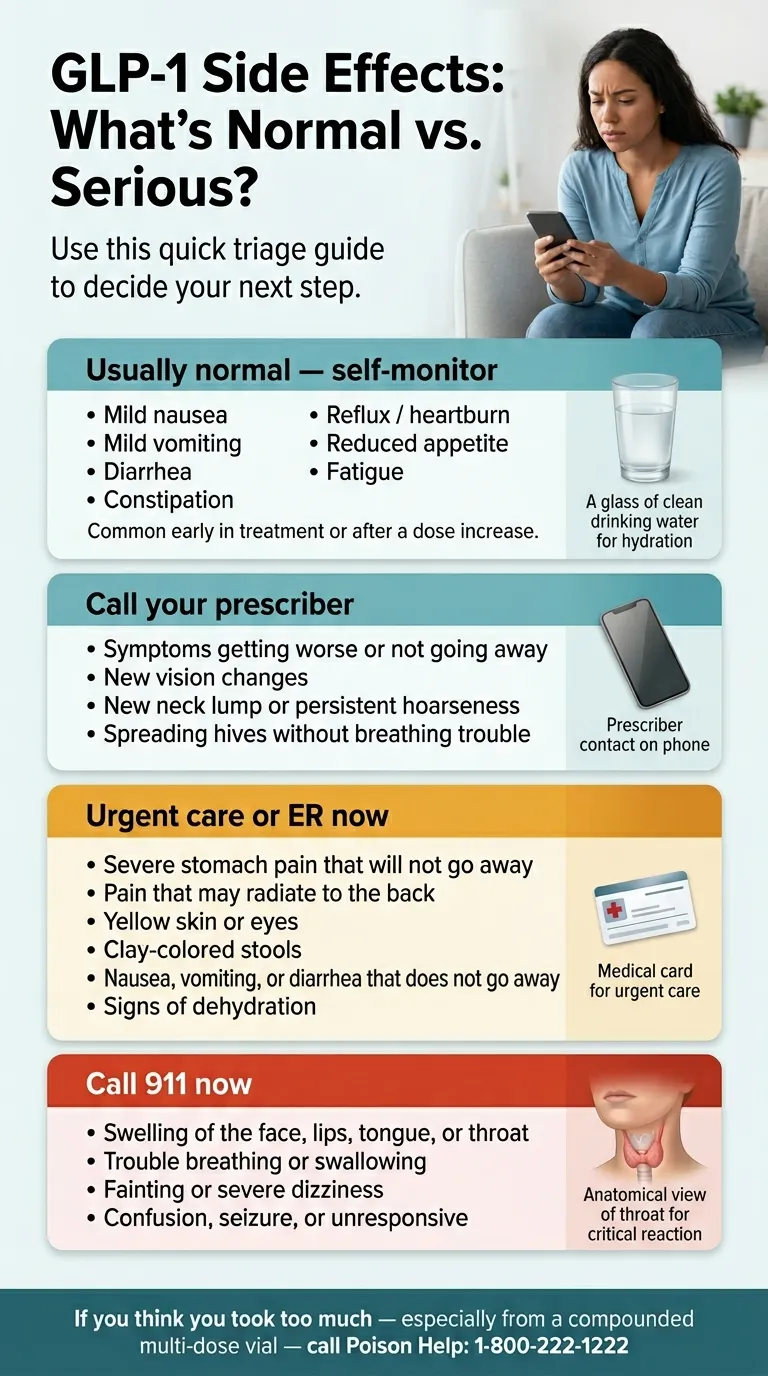 GLP-1 side effects triage infographic: four tiers — usually normal (self-monitor), call your prescriber, urgent care or ER now, and call 911 now — with lists of symptoms and actions for each tier