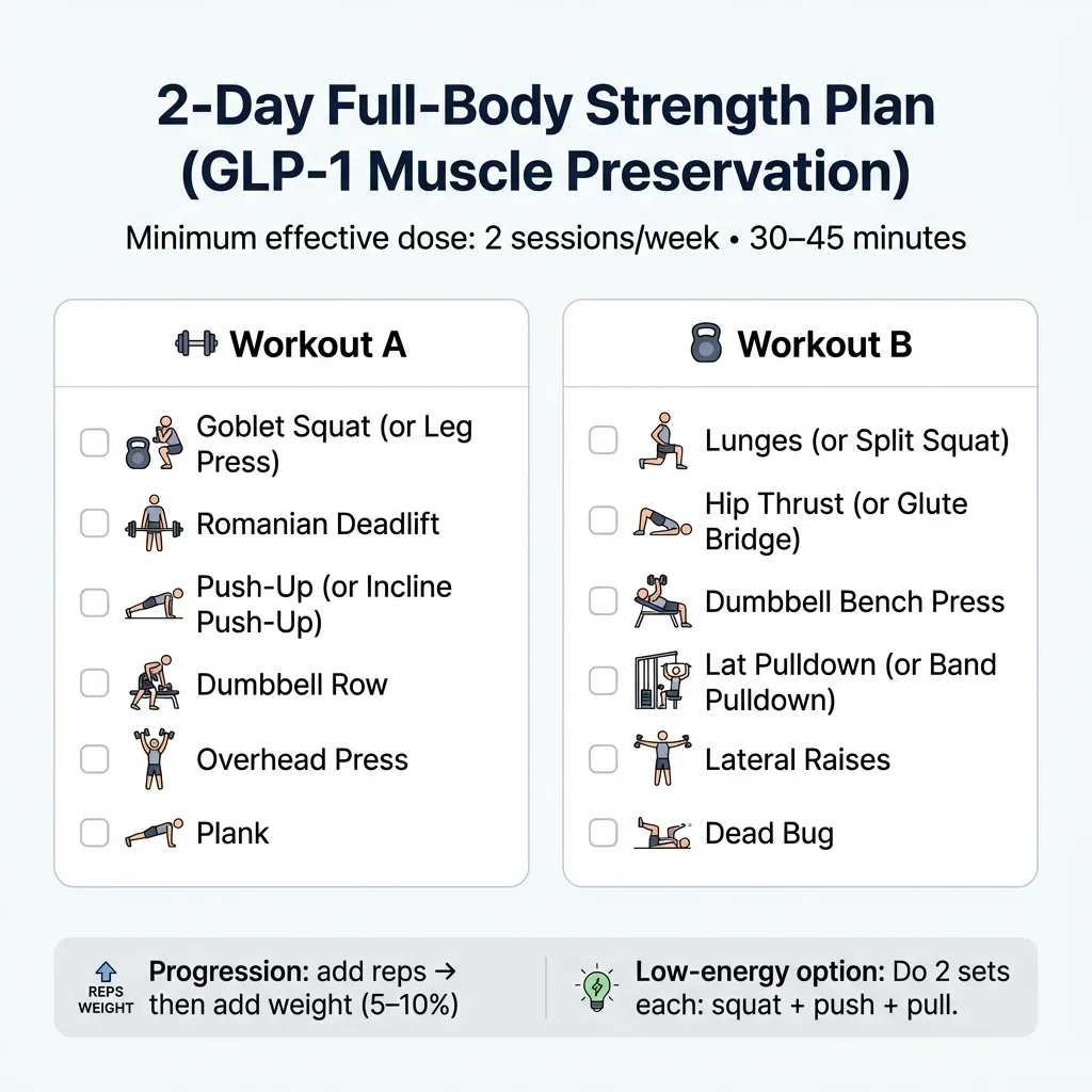 2-day full-body strength training plan for GLP-1 muscle preservation - Workout A and Workout B exercises with progression tips