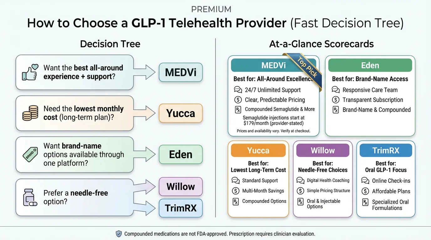 How to choose a GLP-1 telehealth provider: Decision tree showing MEDVi for best overall, Yucca for lowest cost, Eden for brand-name access, Willow and TrimRX for needle-free options