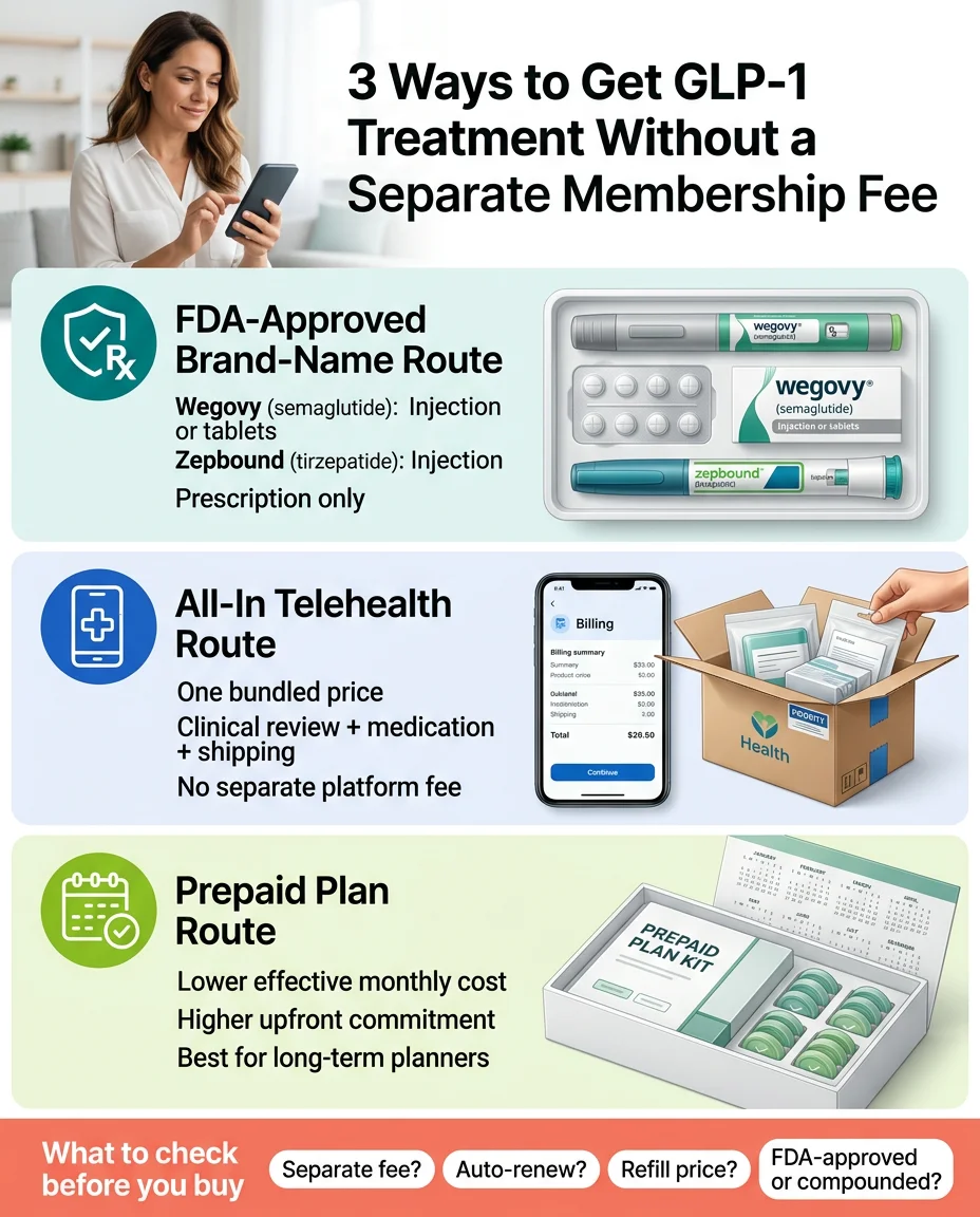 Infographic: 4 route types for getting Foundayo without a monthly membership fee — LillyDirect, Walgreens, Amazon One Medical, existing prescription