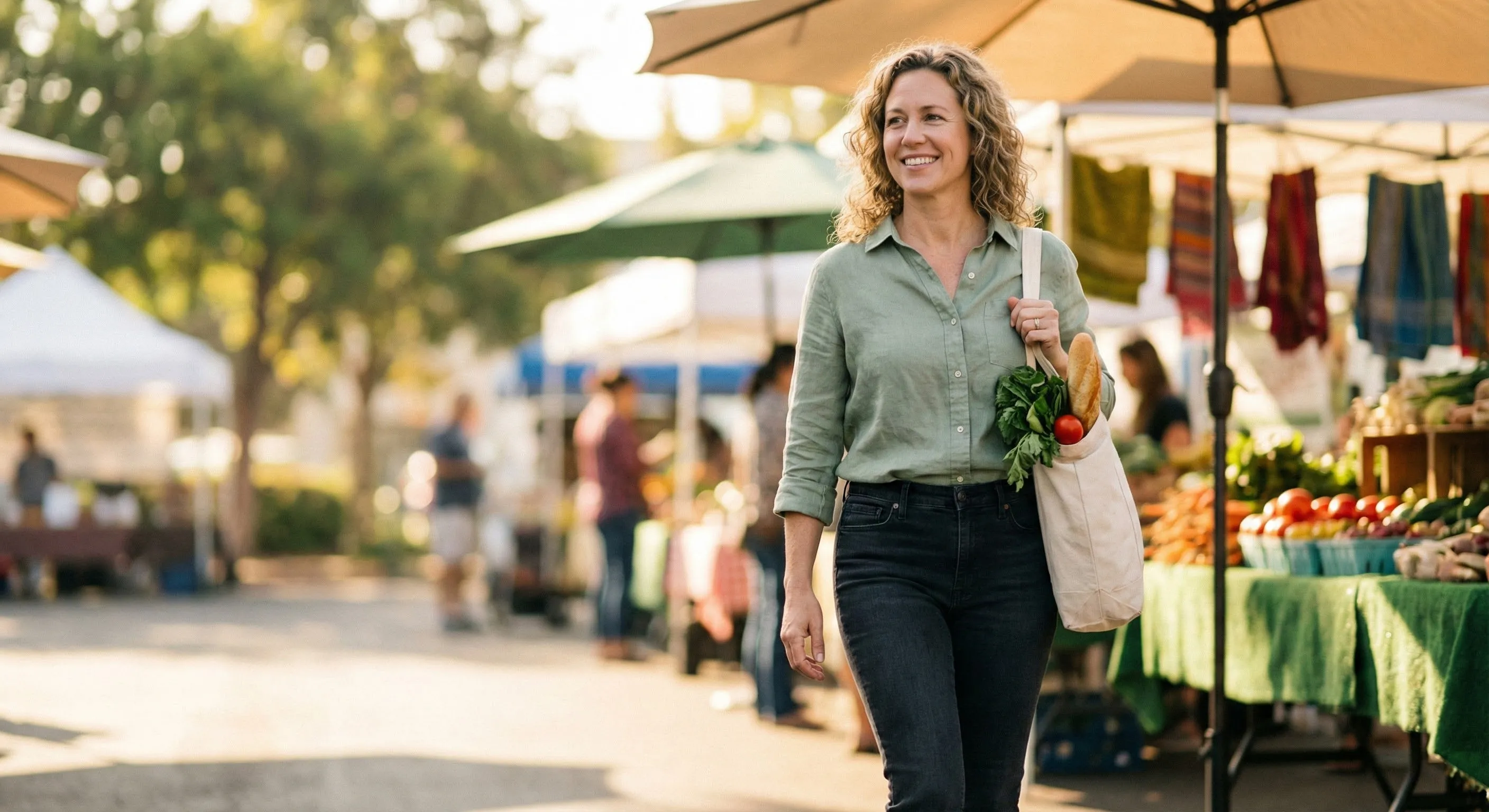 Woman enjoying healthy lifestyle at farmers market while on GLP-1 weight loss medication