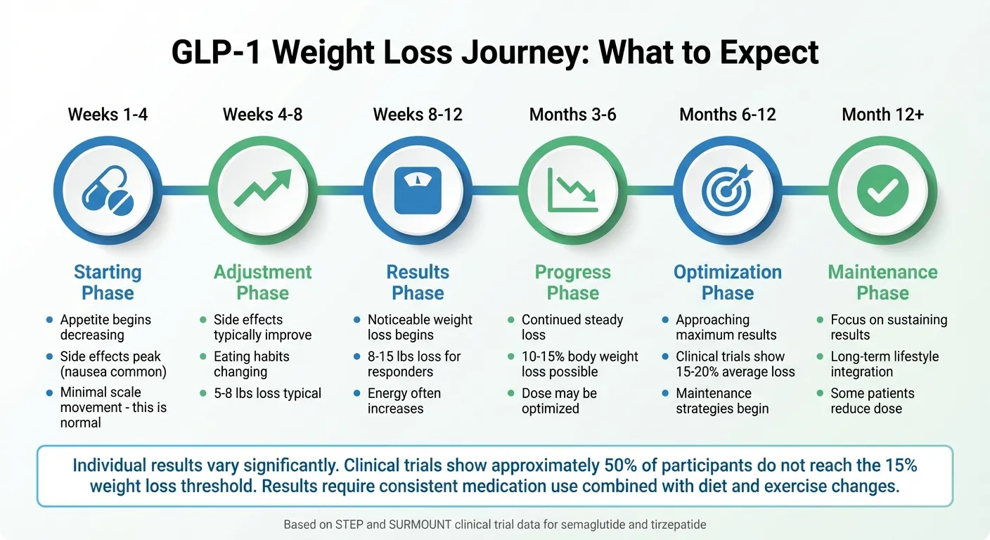 GLP-1 Weight Loss Journey What to Expect timeline infographic showing 6 phases: Weeks 1-4 Starting Phase with appetite decreasing and side effects peaking, Weeks 4-8 Adjustment Phase with side effects improving and 5-8 lbs loss typical, Weeks 8-12 Results Phase with noticeable weight loss 8-15 lbs, Months 3-6 Progress Phase with 10-15% body weight loss possible, Months 6-12 Optimization Phase approaching 15-20% average loss per clinical trials, Month 12+ Maintenance Phase focusing on sustaining results