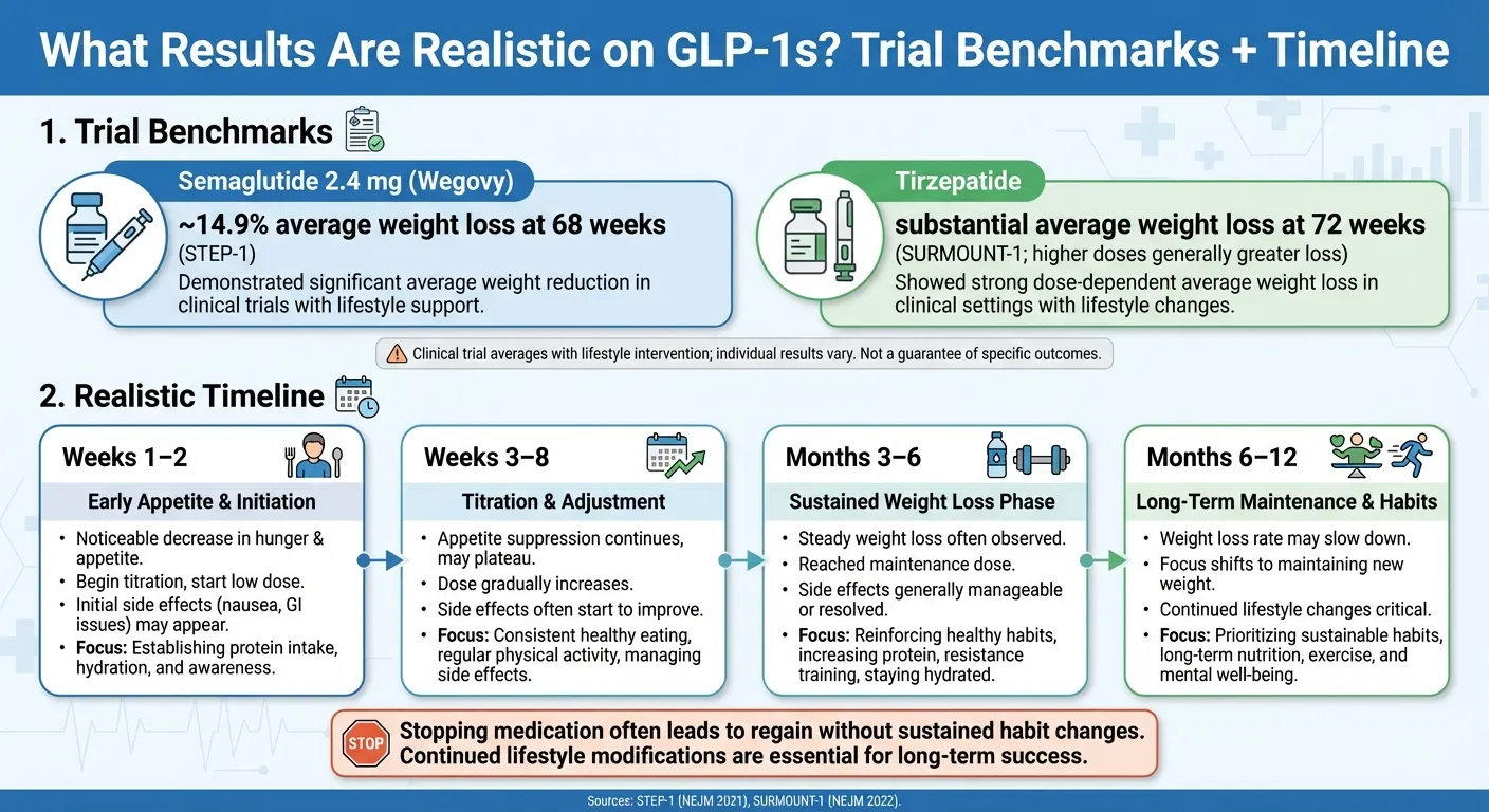 GLP-1 weight loss results infographic showing STEP-1 semaglutide average weight loss and SURMOUNT-1 tirzepatide benchmark plus a realistic month-by-month timeline