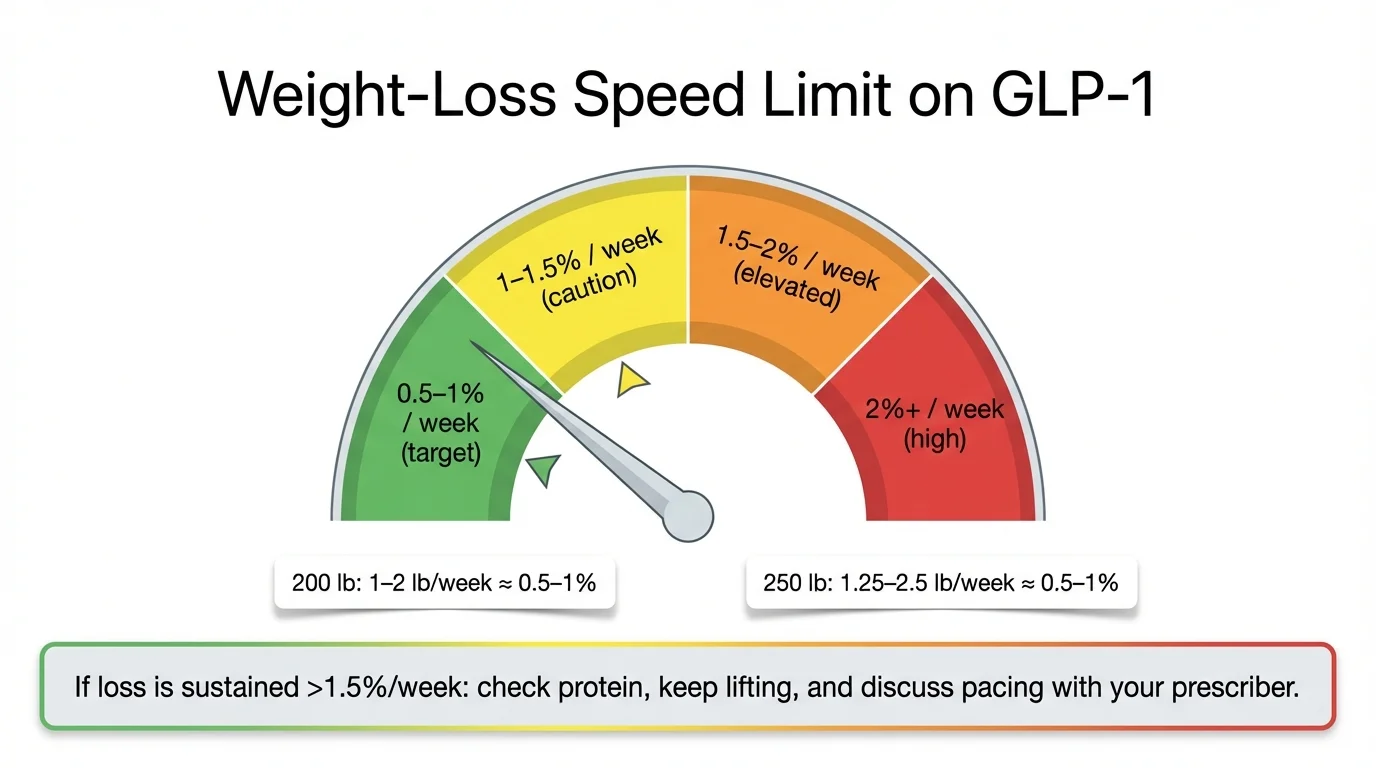 Weight loss speed limit on GLP-1 medications - target 0.5-1% body weight per week, caution at 1-1.5%, elevated risk above 1.5%