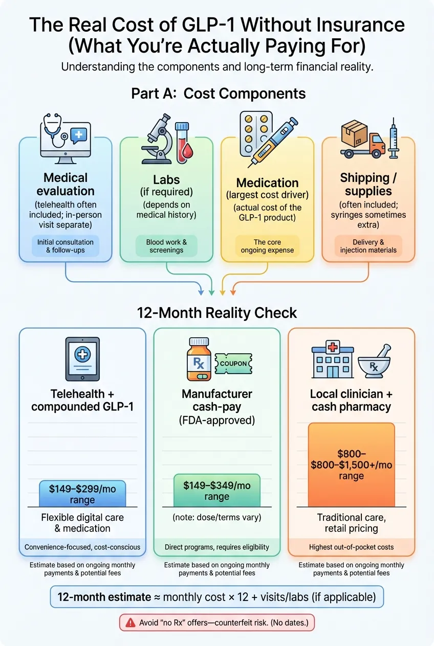 Cost breakdown infographic showing what you pay for GLP-1 without insurance, including consults, labs, medication, shipping, and 12-month total ranges