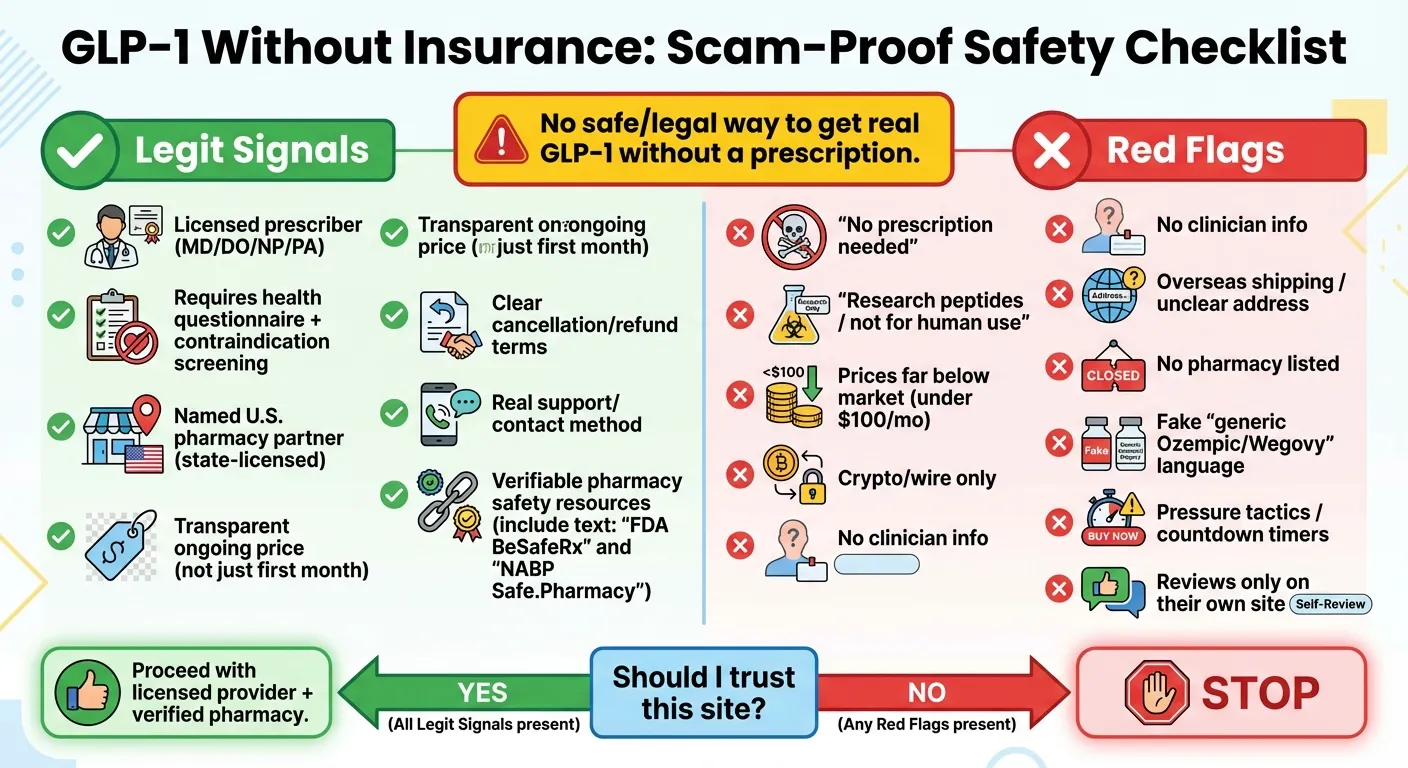 Scam-proof checklist infographic for GLP-1 without insurance showing red flags like no prescription and green flags like licensed prescriber and verified U.S. pharmacy