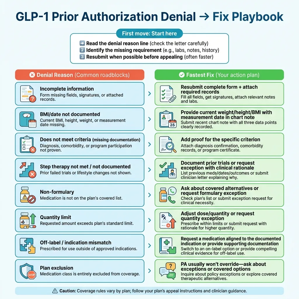 GLP-1 Prior Authorization Denial Fix Playbook showing common denial reasons and their solutions including incomplete information, BMI not documented, step therapy not met, non-formulary, quantity limit, off-label use, and plan exclusion with specific action steps for each