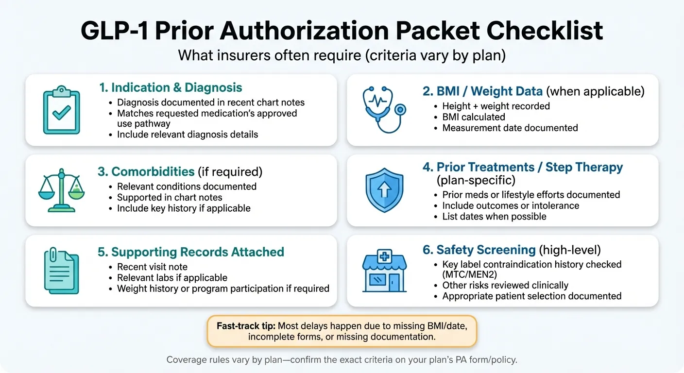 GLP-1 Prior Authorization Packet Checklist showing 6 requirements insurers check: indication and diagnosis, BMI and weight data, comorbidities, prior treatments and step therapy, supporting records, and safety screening