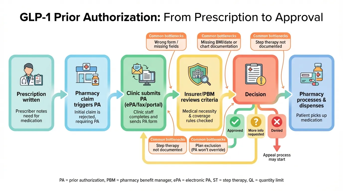 GLP-1 Prior Authorization Process Flowchart showing the steps from prescription written to pharmacy claim to clinic PA submission to insurer review to decision outcomes including approved, more info requested, or denied with appeal options