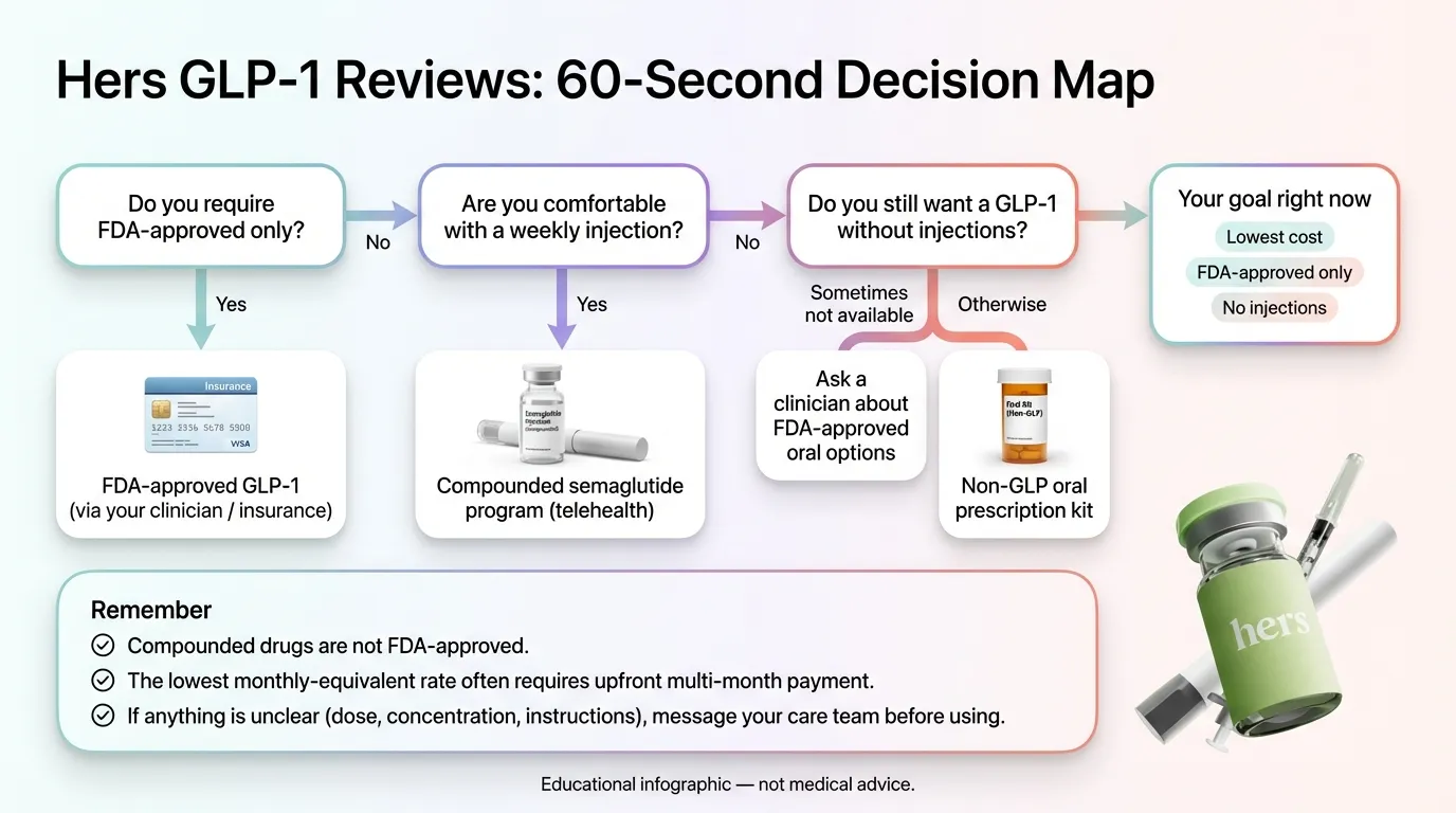 Hers GLP-1 Reviews: 60-Second Decision Map flowchart showing how to choose between FDA-approved GLP-1, compounded semaglutide program, oral options, and non-GLP prescription kits