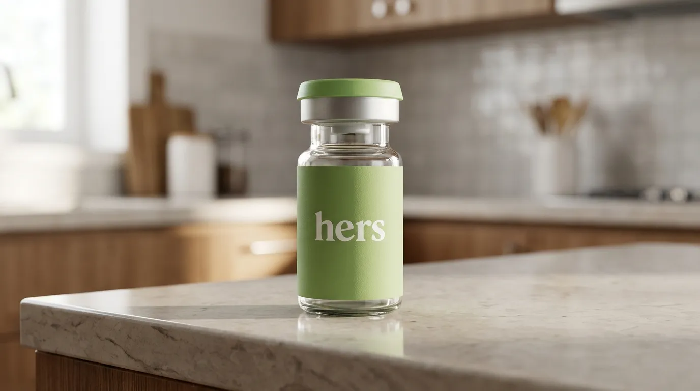 Hers branded GLP-1 medication vial on kitchen counter showing the green Hers label design