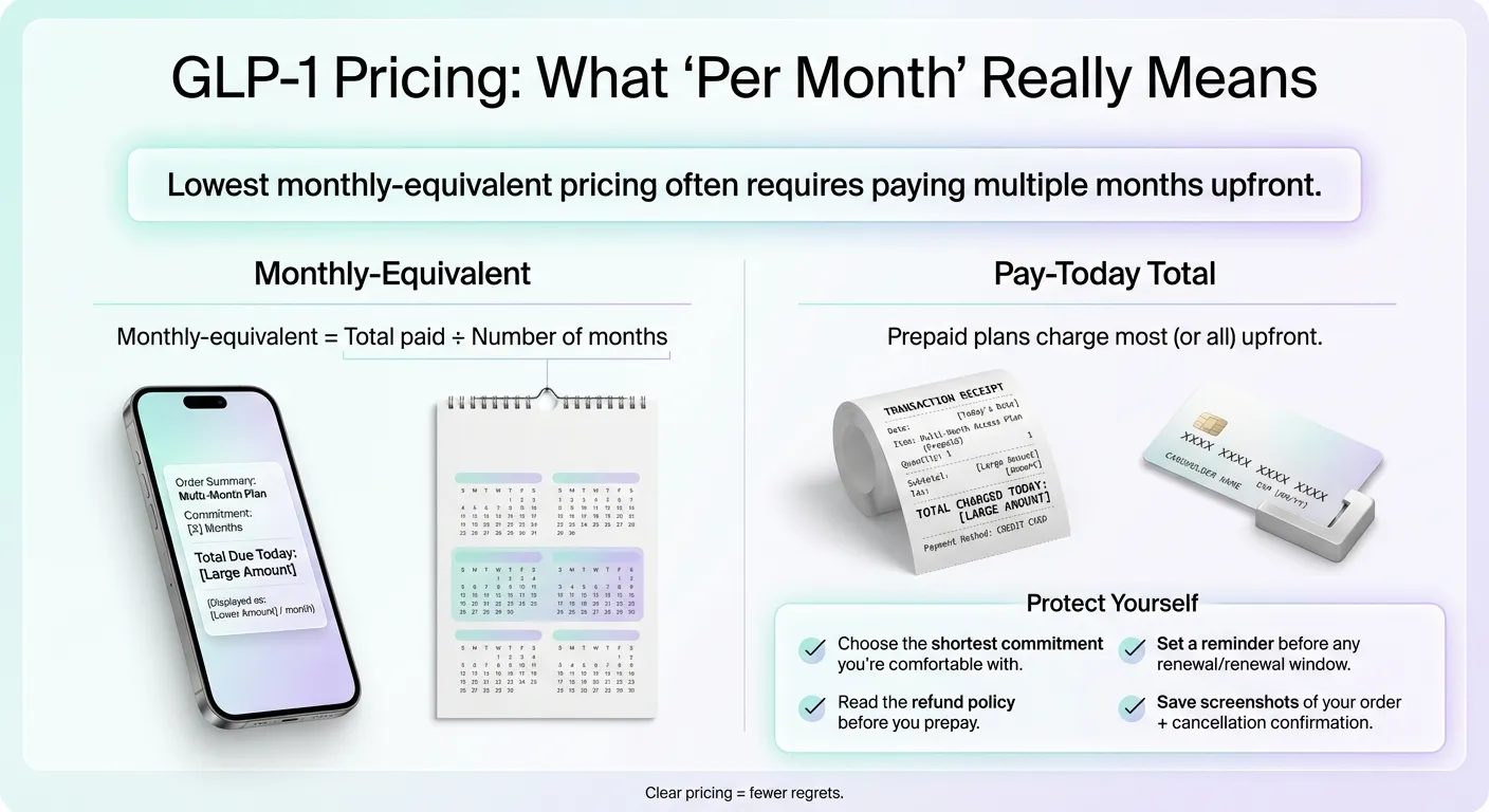 GLP-1 Pricing: What Per Month Really Means - infographic explaining how monthly-equivalent pricing works with prepaid plans and upfront payment totals