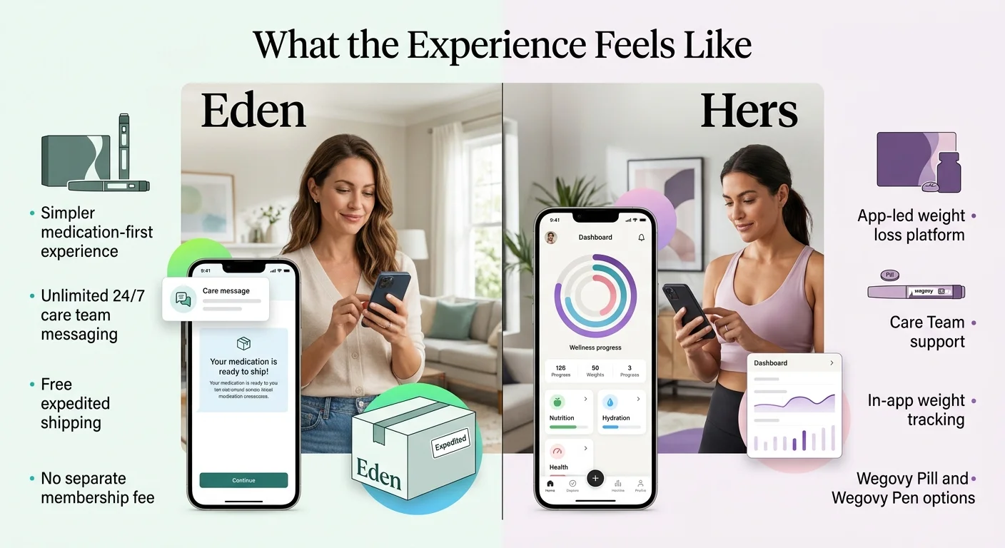 What the experience feels like — Eden vs Hers: Eden offers a simpler medication-first experience with unlimited 24/7 care team messaging, free expedited shipping, and no separate membership fee. Hers offers an app-led weight loss platform with Care Team support, in-app weight tracking, and Wegovy Pill and Pen options.