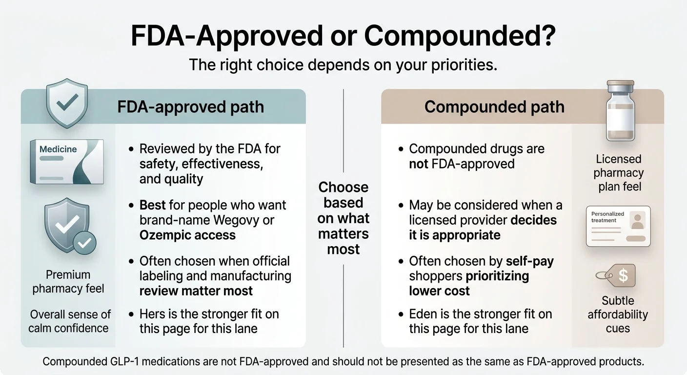 FDA-approved vs compounded GLP-1 comparison: FDA-approved path (reviewed for safety, effectiveness and quality; best for brand-name Wegovy or Ozempic access; Hers is the stronger fit) vs compounded path (not FDA-approved; often chosen by self-pay shoppers prioritizing lower cost; Eden is the stronger fit on this page).