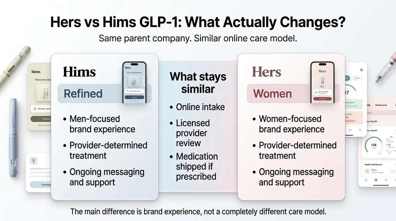 Hers vs Hims GLP-1 comparison — Hims offers a men-focused brand experience with provider-determined treatment and ongoing messaging, Hers offers a women-focused brand experience with the same care model; main difference is brand experience not a different care model