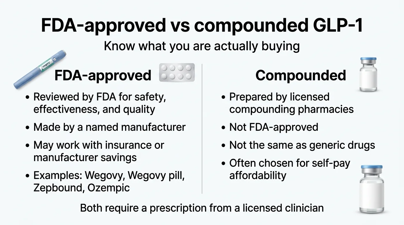 FDA-approved vs compounded GLP-1 medications: key differences in safety review, manufacturer standards, and pricing