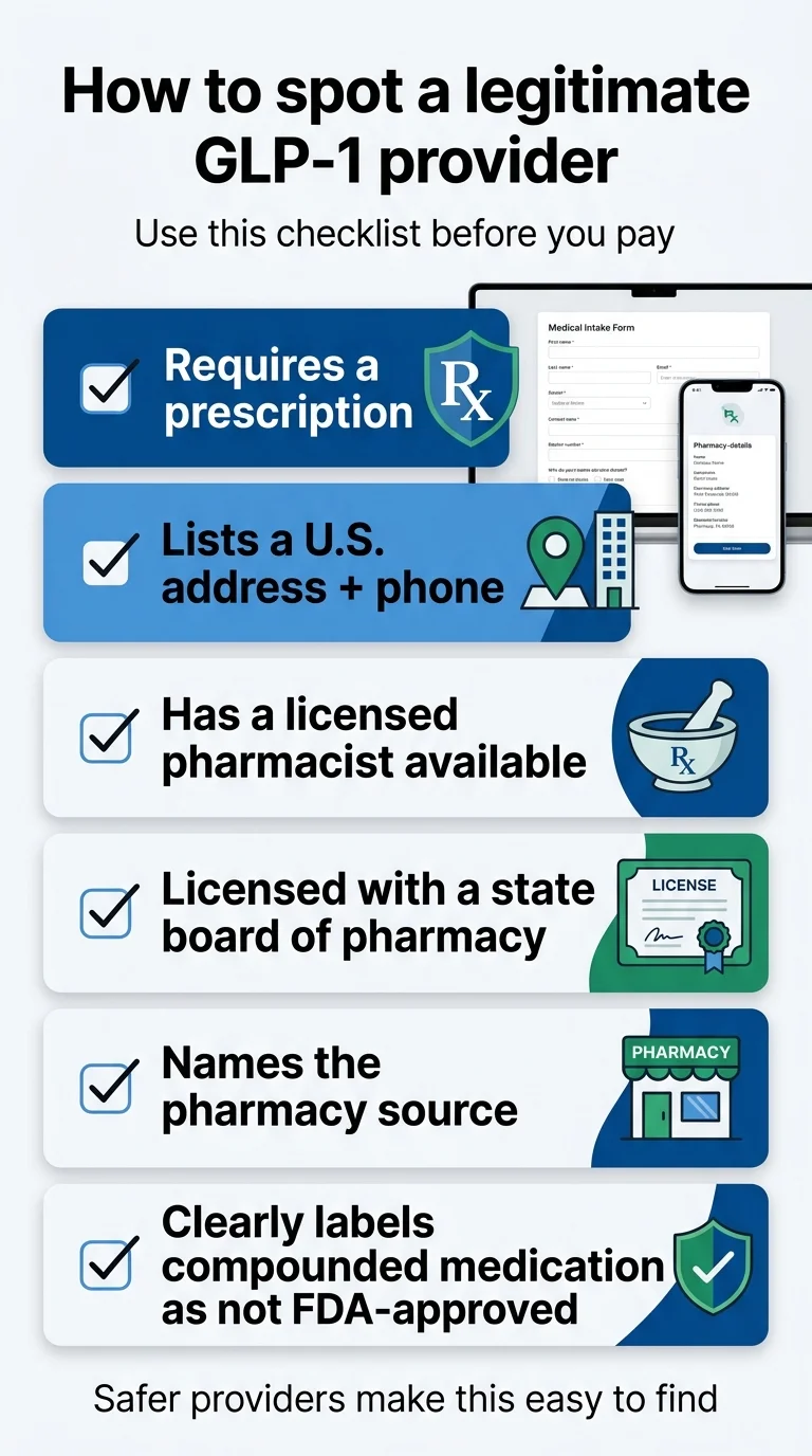 How to spot a legitimate GLP-1 provider: 6-point checklist including prescription requirement, licensed pharmacist, state board license, U.S. address, and FDA disclosure