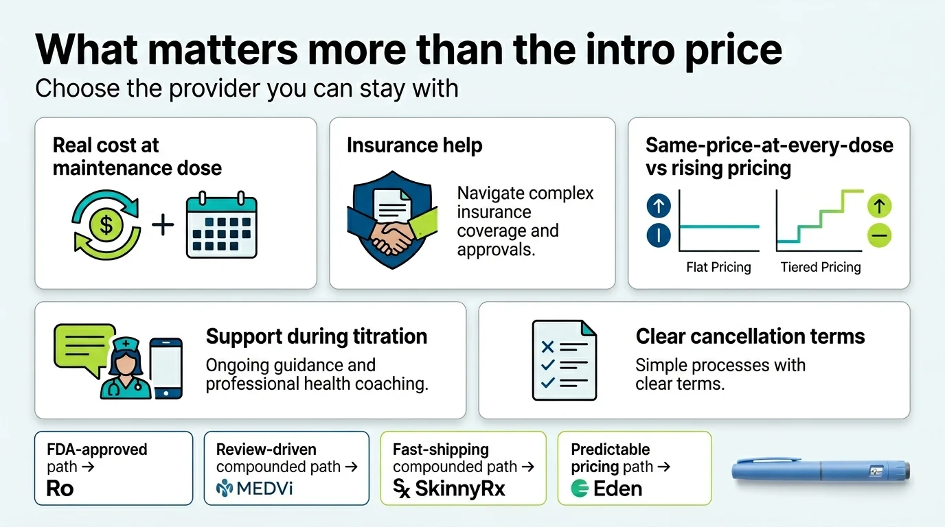 What matters more than the GLP-1 intro price: real maintenance cost, insurance help, titration support, flat vs rising pricing, and clear cancellation terms