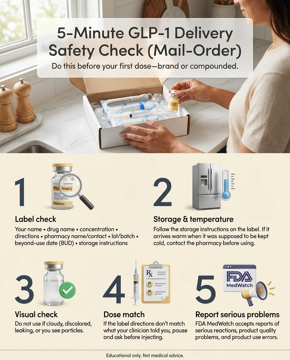 5-Minute GLP-1 Delivery Safety Check for mail-order medications: 5-step checklist covering label check, storage and temperature, visual inspection, dose matching, and FDA MedWatch reporting