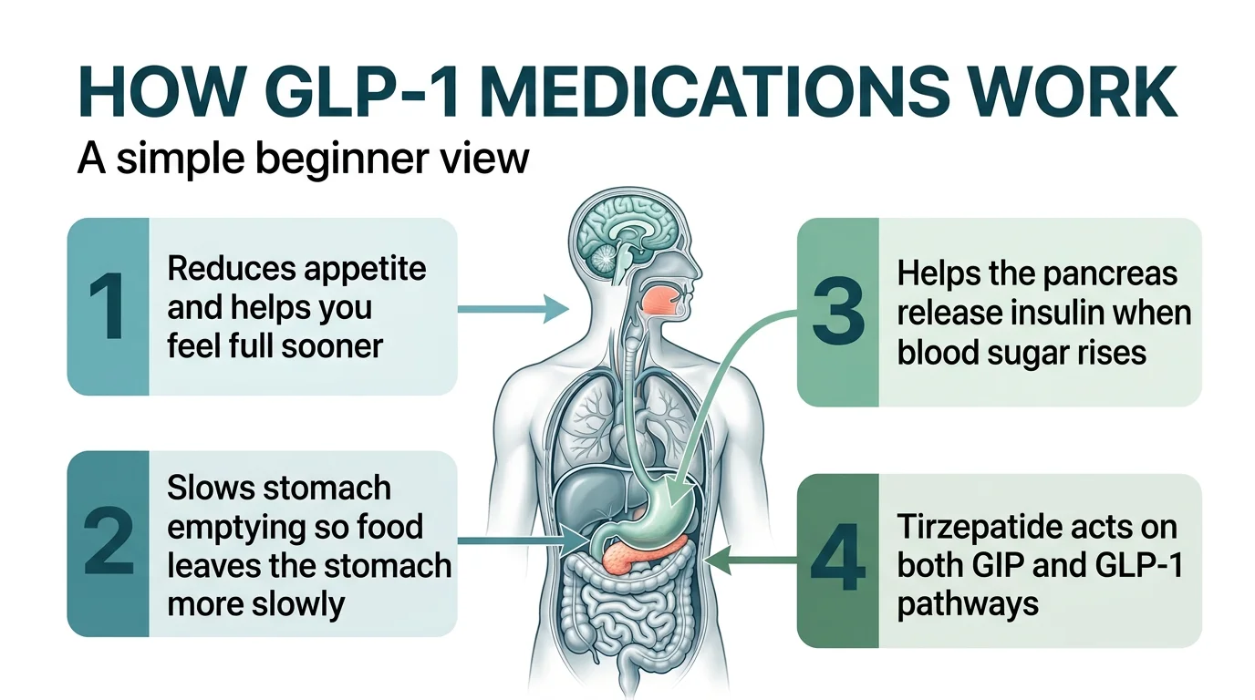 How GLP-1 medications work diagram showing four mechanisms: reduces appetite, slows stomach emptying, helps pancreas release insulin, and tirzepatide acts on both GIP and GLP-1 pathways
