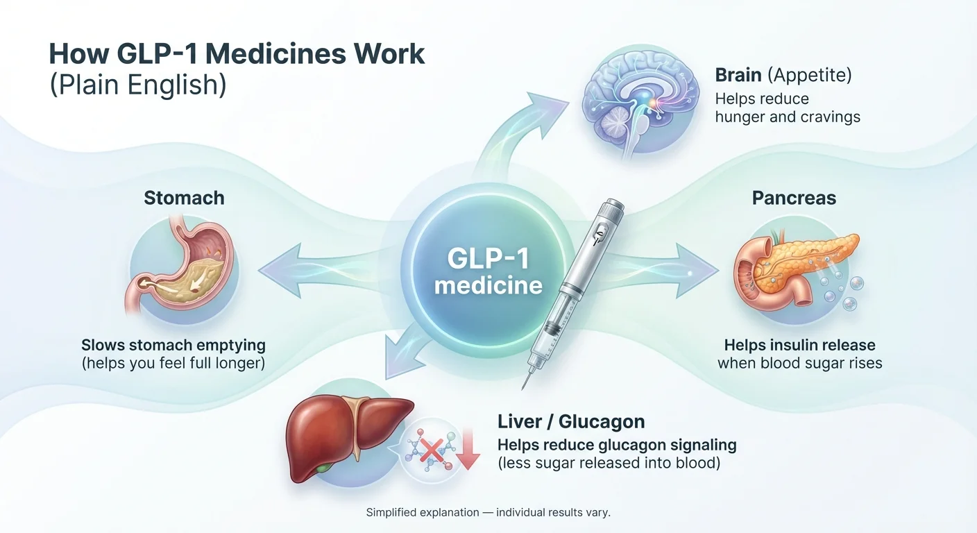 How GLP-1 medicines work diagram showing effects on brain appetite, pancreas insulin release, stomach emptying, and liver glucagon reduction
