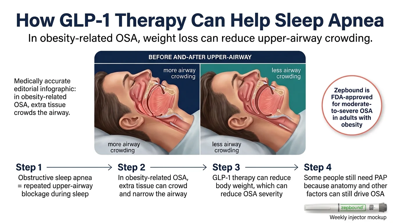 How GLP-1 therapy can help sleep apnea showing before and after upper-airway diagrams with less tissue crowding after weight loss, plus Zepbound FDA approval callout