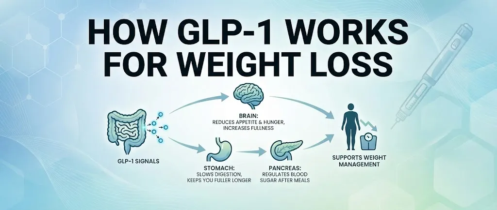How GLP-1 works for weight loss - diagram showing brain, stomach, pancreas pathway