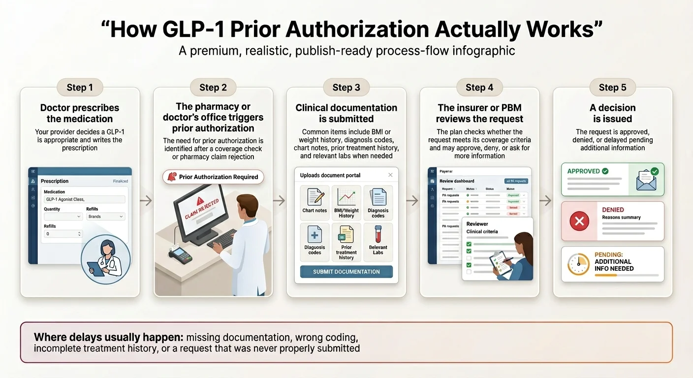 How GLP-1 prior authorization actually works — a 5-step process flow from prescription to decision, showing where delays happen: missing documentation, wrong coding, incomplete treatment history, or a request that was never properly submitted.