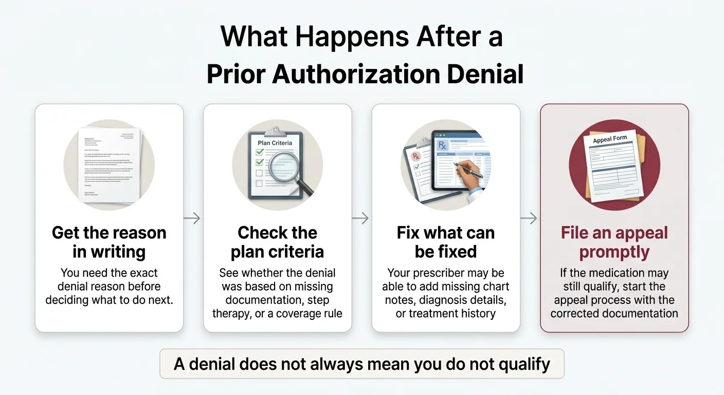 What happens after a prior authorization denial — 4 steps: get the reason in writing, check plan criteria, fix what can be fixed, then file an appeal promptly with corrected documentation.