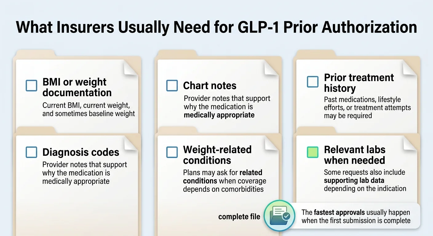 What insurers usually need for GLP-1 prior authorization: BMI or weight documentation, chart notes, prior treatment history, diagnosis codes, weight-related conditions, and relevant labs when needed.