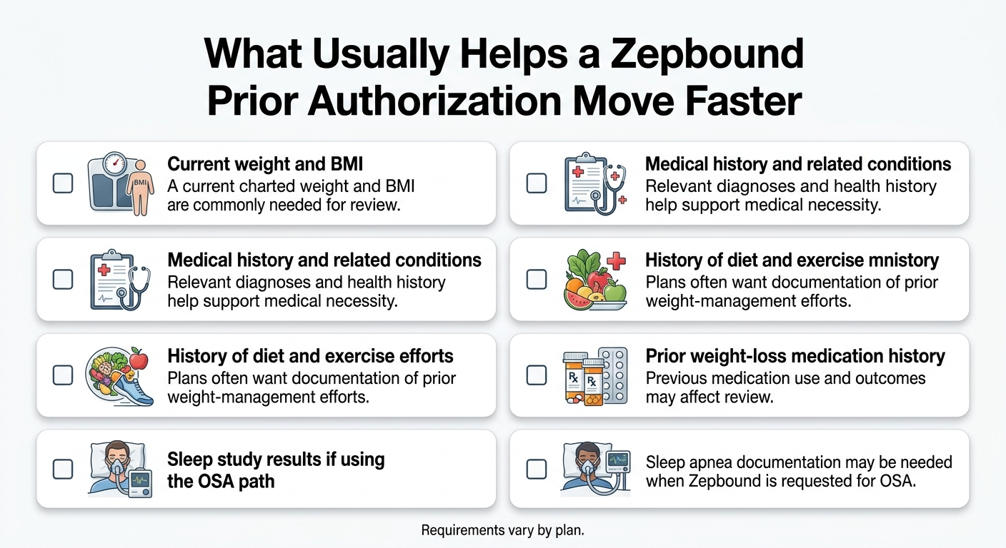 What Usually Helps a Zepbound Prior Authorization Move Faster — 8-item checklist. Current weight and BMI: a current charted weight and BMI are commonly needed for review. Medical history and related conditions: relevant diagnoses and health history help support medical necessity. History of diet and exercise efforts: plans often want documentation of prior weight-management efforts. Sleep study results if using the OSA path: sleep apnea documentation may be needed when Zepbound is requested for OSA. Prior weight-loss medication history: previous medication use and outcomes may affect review. Requirements vary by plan.