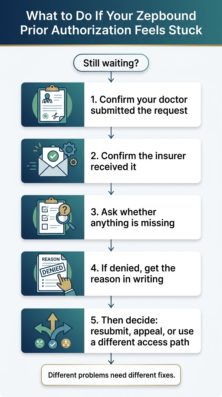 What to Do If Your Zepbound Prior Authorization Feels Stuck — 5-step flowchart. Still waiting? Step 1: Confirm your doctor submitted the request. Step 2: Confirm the insurer received it. Step 3: Ask whether anything is missing. Step 4: If denied, get the reason in writing. Step 5: Then decide — resubmit, appeal, or use a different access path. Different problems need different fixes.