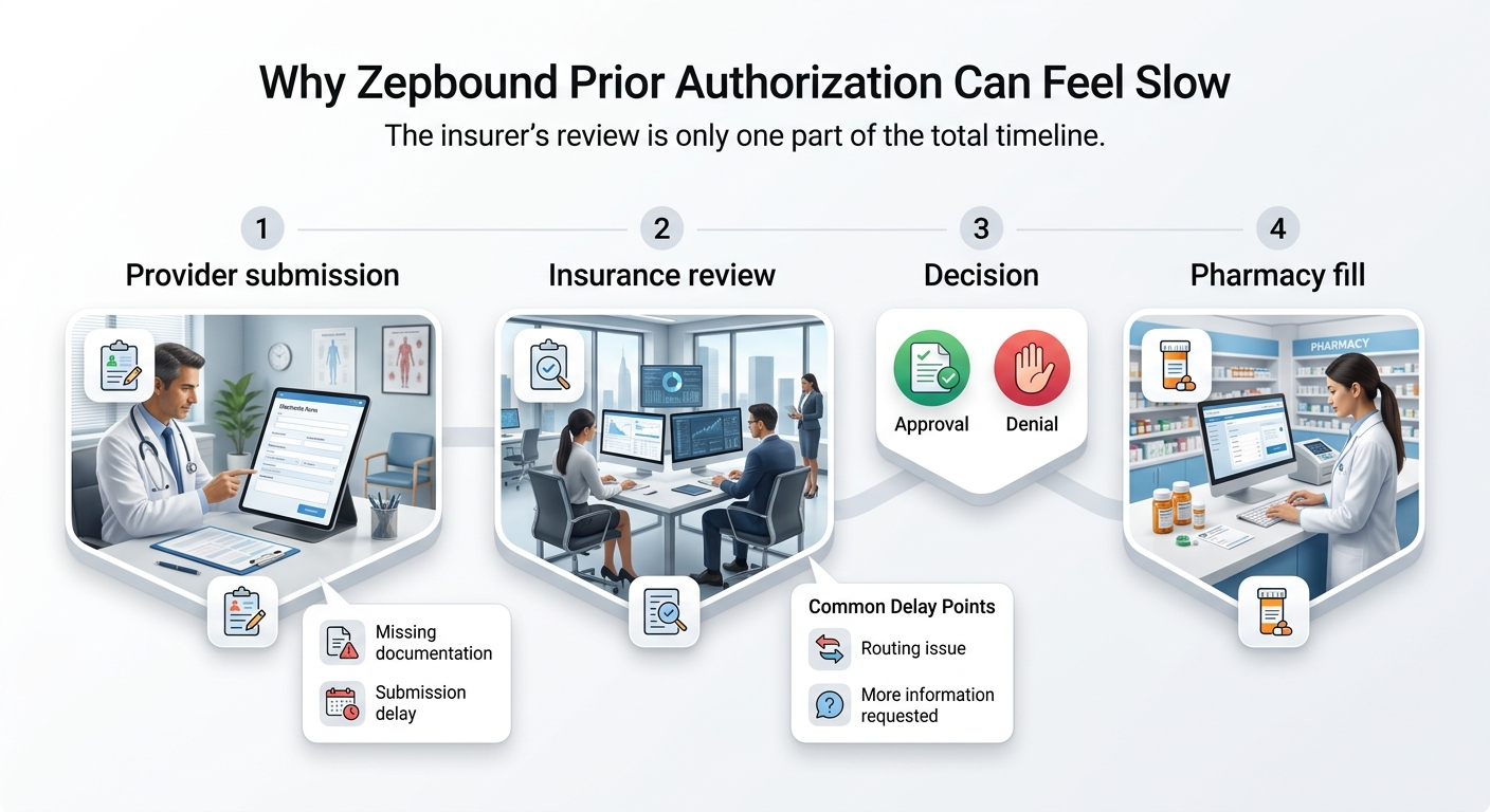 Why Zepbound Prior Authorization Can Feel Slow. The insurer's review is only one part of the total timeline. Step 1: Provider submission — shows a doctor filling out a PA form. Common delays: missing documentation, submission delay. Step 2: Insurance review — shows an insurance team reviewing at computers. Common delay point: routing issue, more information requested. Step 3: Decision — showing approval (green checkmark) or denial (red stop hand). Step 4: Pharmacy fill — shows a pharmacist at a pharmacy counter.