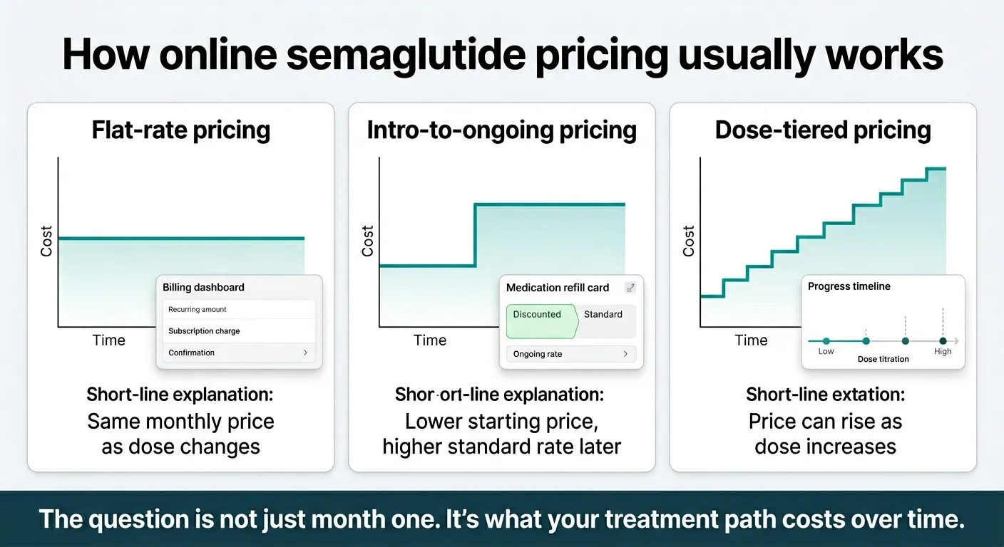 How online semaglutide pricing usually works: three pricing models illustrated with graphs — flat-rate pricing (same monthly price as dose changes), intro-to-ongoing pricing (lower starting price then higher standard rate), and dose-tiered pricing (price can rise as dose increases)